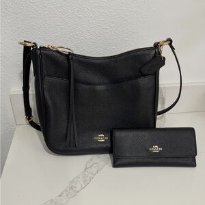 Coach Black Leather Shoulder Bag with Matching Wallet Set